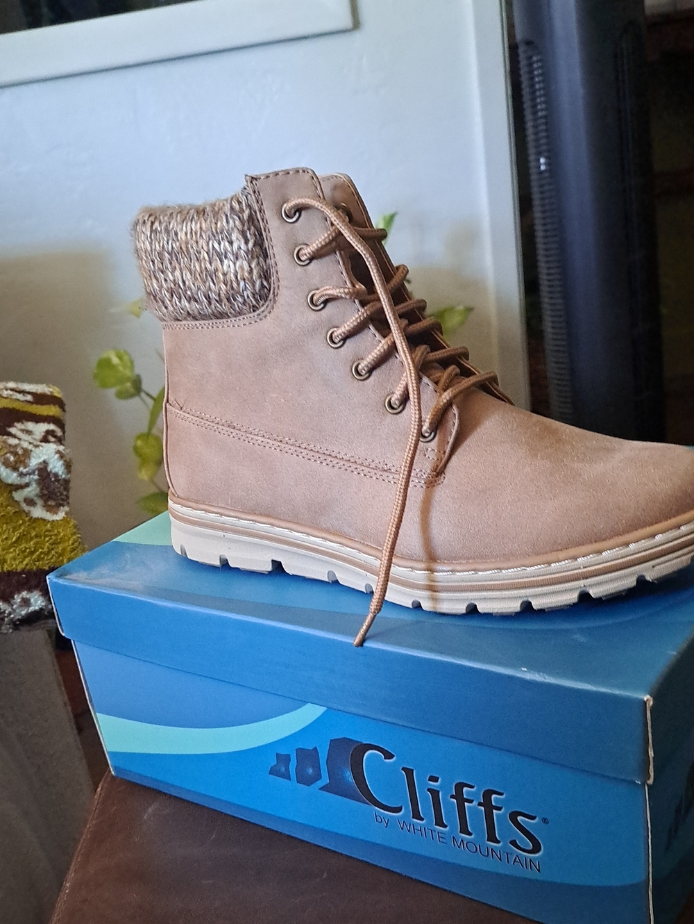 Cliffs by WHITE MOUNTAIN Tan Knit-Collar Lace-Up Ankle Bootie